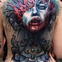 New school style colored bloody woman portrait tattoo on back