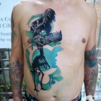New school style colored chest and belly tattoo of big dinosaur skeleton