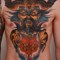 New school style colored chest and belly tattoo of terrifying evil demon with creepy fox
