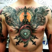 New school style colored chest and belly tattoo of human heart with wings and dagger