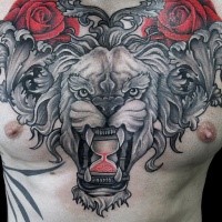 New school style colored chest tattoo fo lion with sand clock and roses