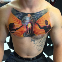 New school style colored chest tattoo of candle with humans