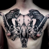 New school style colored chest tattoo of big animal skull with flowers