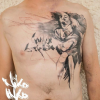 New school style colored chest tattoo of creepy person with flowers