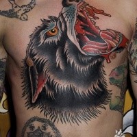 Neue Schule Stil farbiges Brust Tattoo mit blutigem Wolf