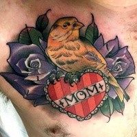 New school style colored chest tattoo of small bird with roses and heart