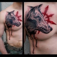 New school style colored chest tattoo of demonic dog