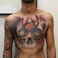 New school style colored chest tattoo of human skull with anarchy symbol