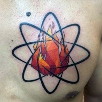 New school style colored chest tattoo of atom with fire