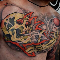 New school style colored chest tattoo of magical human skeleton with planets