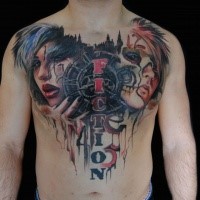 New school style colored chest tattoo of mystical woman faces with lettering