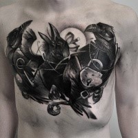 New school style colored chest tattoo of crow with lock