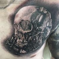 New school style colored chest tattoo of human skull with mechanics