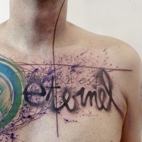 New school style colored chest tattoo of original looking lettering