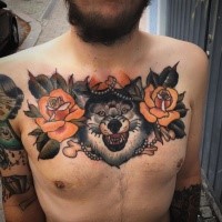New school style colored chest tattoo of evil wolf with roses
