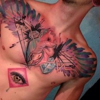 Neue Schule Stil farbiges Brust Tattoo des menschlichen Herzens und Flügel