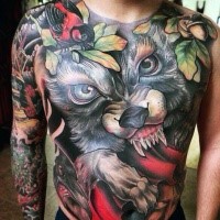New school style colored chest tattoo of evil werewolf with birds and leaves