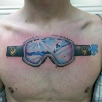 New school style colored collarbone tattoo of snowboarders mask