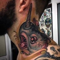 New school style colored creepy monster tattoo on neck with lettering