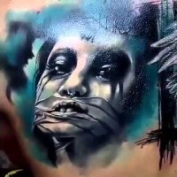 New school style colored creepy woman tattoo