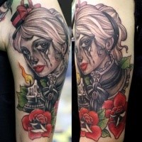 New school style colored crying woman portrait tattoo on shoulder with candle and rose flower
