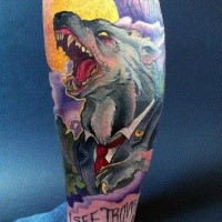 Neue Schule Stil dämonischer Wolf im Anzug gefärbtes Tattoo am Bein