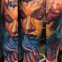 New school style colored demonic woman tattoo on forearm