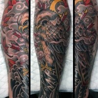 New school style colored eagle with arrows tattoo on leg