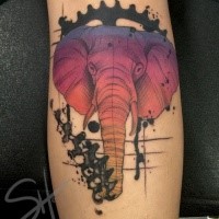 New school style colored elephant with mechanism tattoo on leg muscle