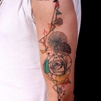 New school style colored flowers with various symbols tattoo on shoulder