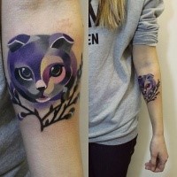 New school style colored for girls tattoo of cat on forearm