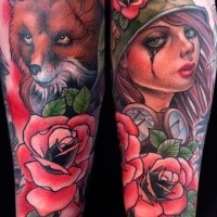 New school style colored forearm tattoo of woman portrait with fox and flowers