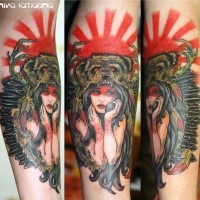 New school style colored forearm tattoo of woman with demonic bear helmet