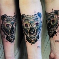 New school style colored forearm tattoo of big bear head