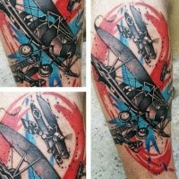 New school style colored forearm tattoo of old fighter planes dog fight