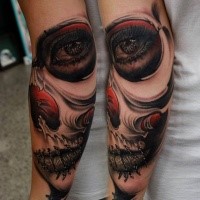 New school style colored forearm tattoo of woman portrait
