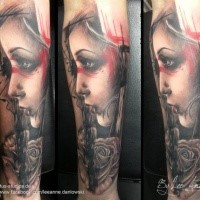 New school style colored forearm tattoo of woman portrait with rose