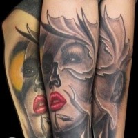 New school style colored forearm tattoo of mystic woman face