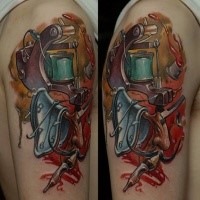 New school style colored forearm tattoo of tattoo machine