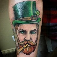 New school style colored forearm tattoo of smoking man with beard