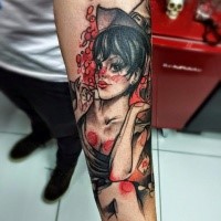 New school style colored forearm tattoo of cute woman