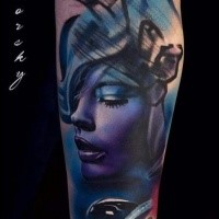 New school style colored forearm tattoo of woman face with water drop