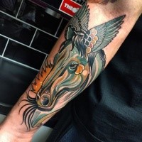 New school style colored forearm tattoo of horse head with wings