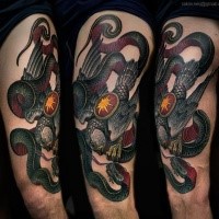 New school style colored half sleeve tattoo of beautiful eagle with snake