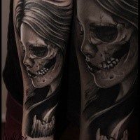 New school style colored hand tattoo of woman stylized with skull