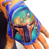New school style colored hand tattoo of Bobba Fett helmet