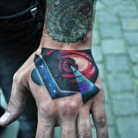 New school style colored hand tattoo of mystic eye and stars