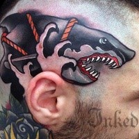 New school style colored head tattoo of evil shark with rope