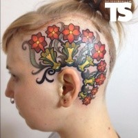 New school style colored head tattoo of beautiful flowers