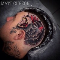 New school style colored head tattoo of demonic wolf head